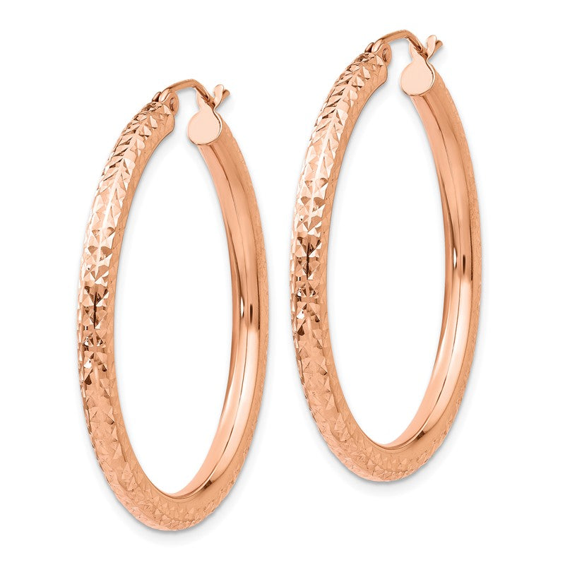 14k Rose Gold 3x35mm Diamond-cut Round Tube Hoop Earrings TF824