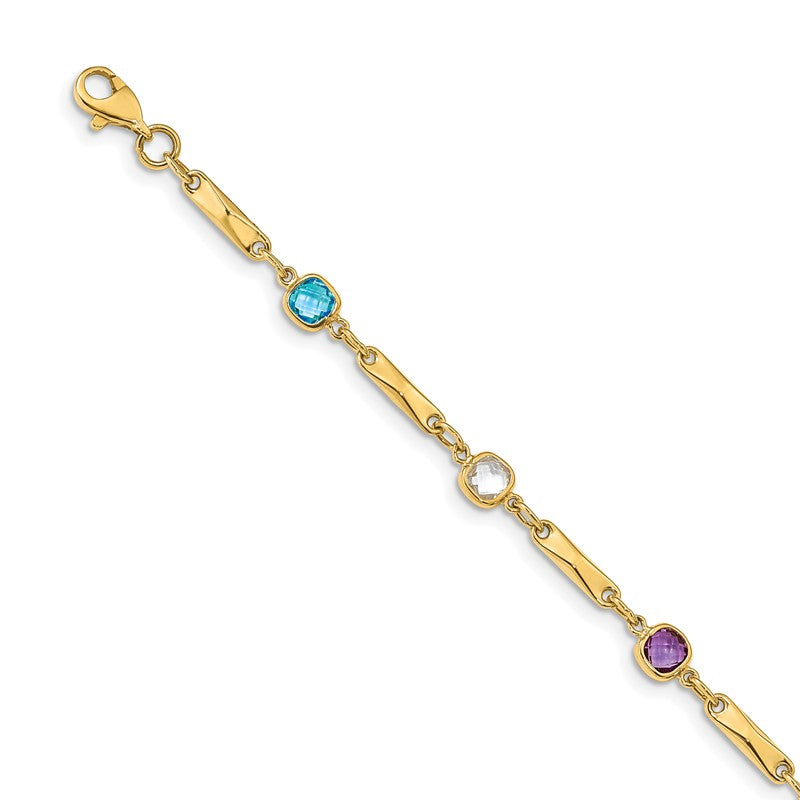 14K Complete Cushion-cut Sky Blue Topaz/White Quartz/Smoky Quartz/Amethyst/Citrine Fancy Link 7 inch Rainbow Bracelet Y12739RB