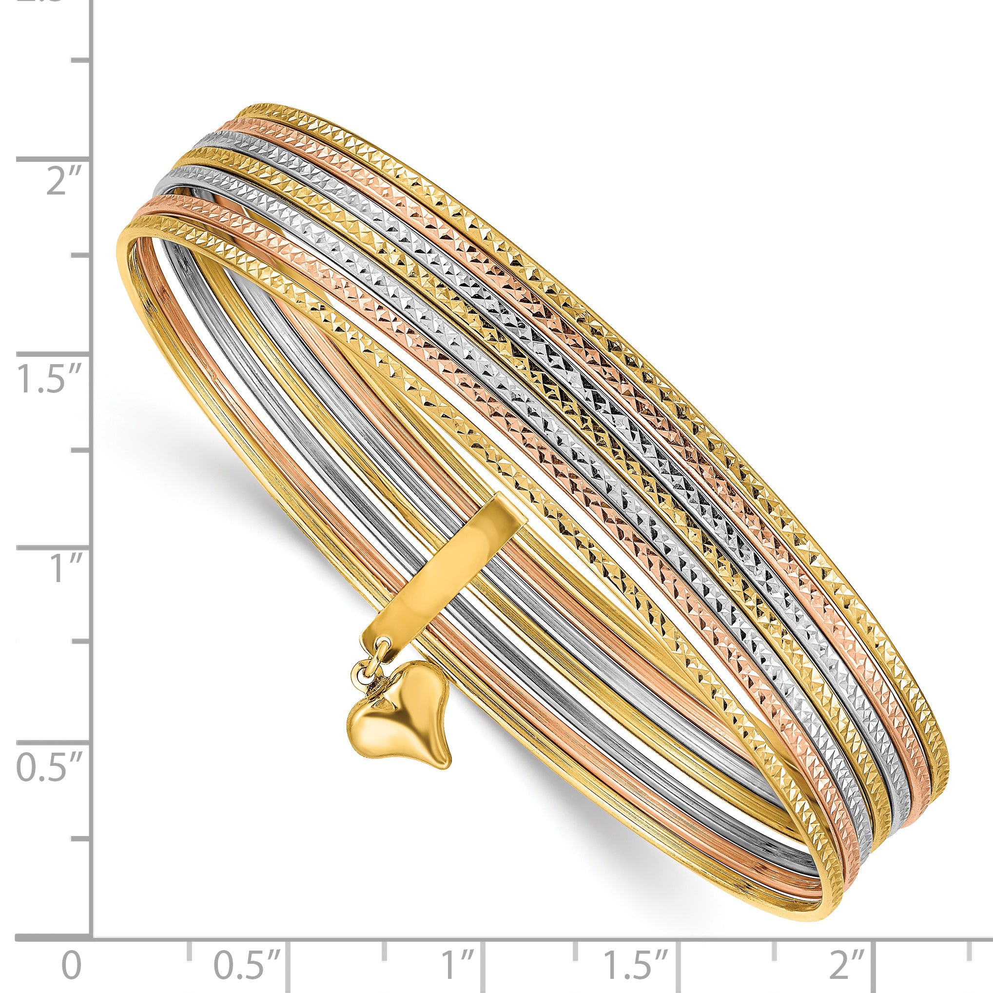 14K Oversize Tri-color Polished and Textured with Dangle Heart 7-Strand 11.00mm Slip-on Round Bangle Bracelet DB536O