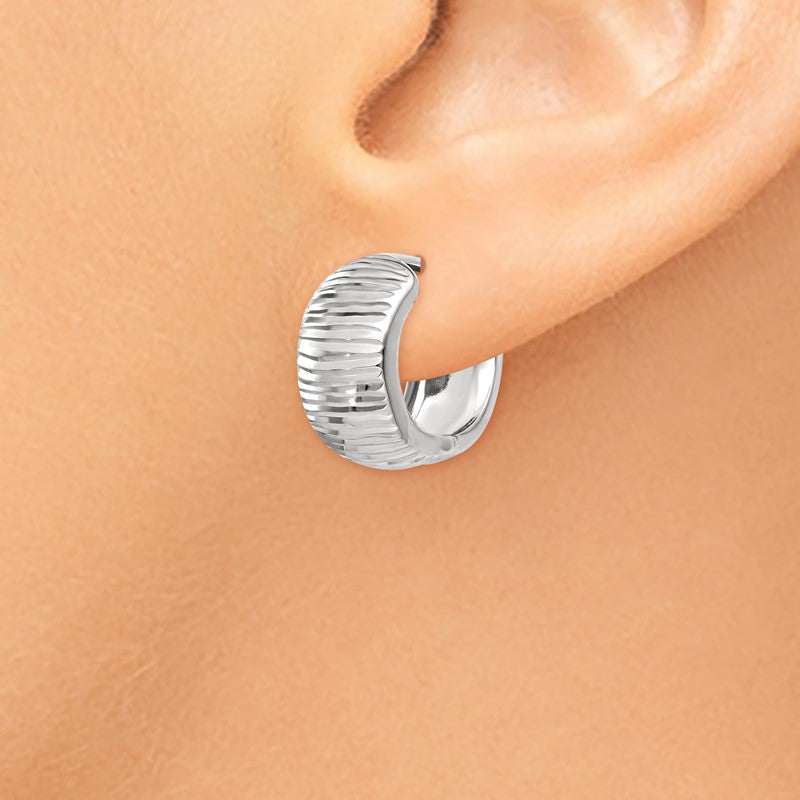 14K White Gold Textured and Polished Hinged Hoop Earrings TF779