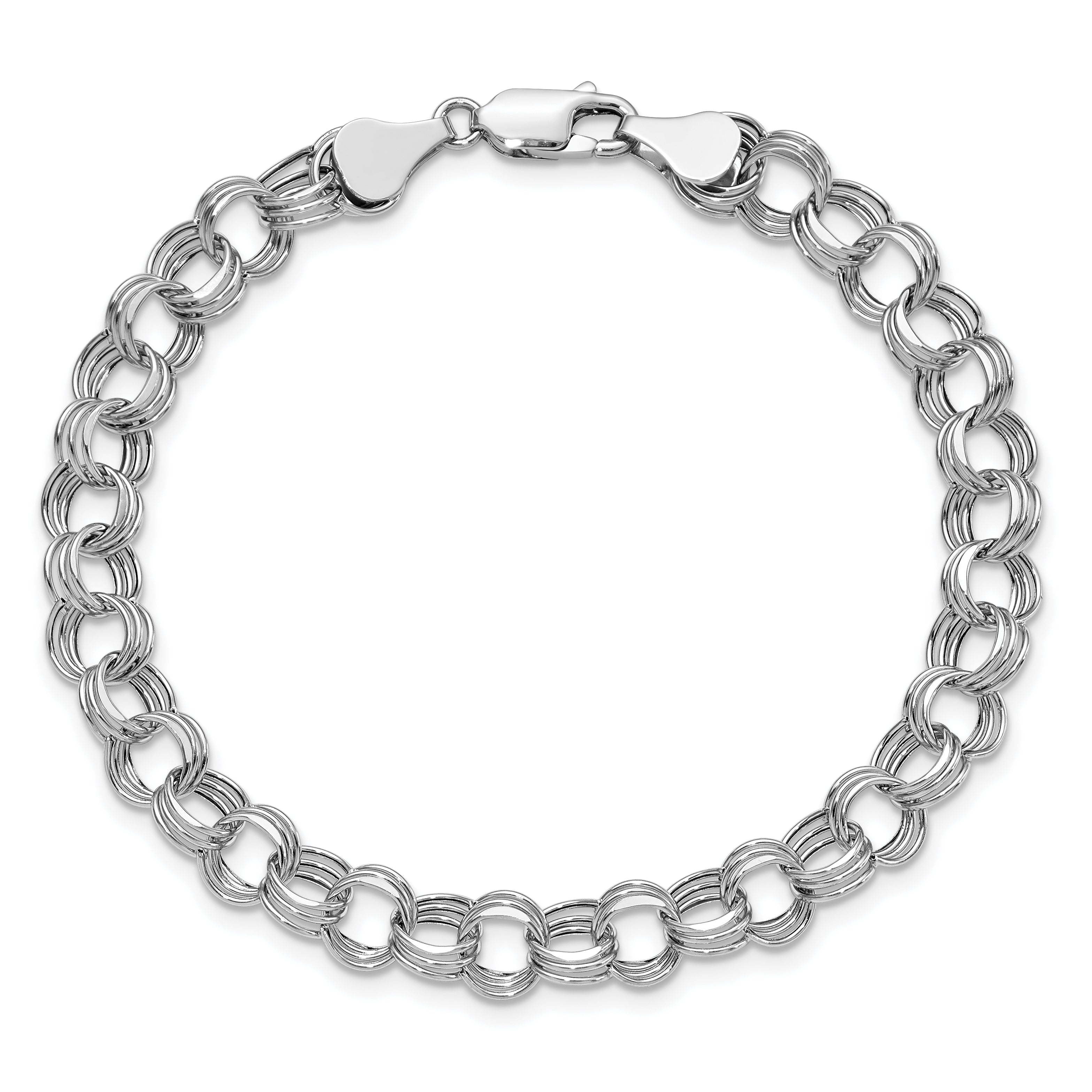 14k White Gold 7.5mm Hollow Triple Link 7.25 inch Charm Bracelet WST1