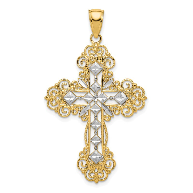 14K and White Rhodium Polished Textured Diamond-Pattern Cross Pendant K5458