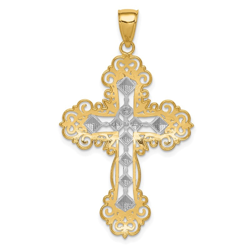 14K and White Rhodium Polished Textured Diamond-Pattern Cross Pendant K5458