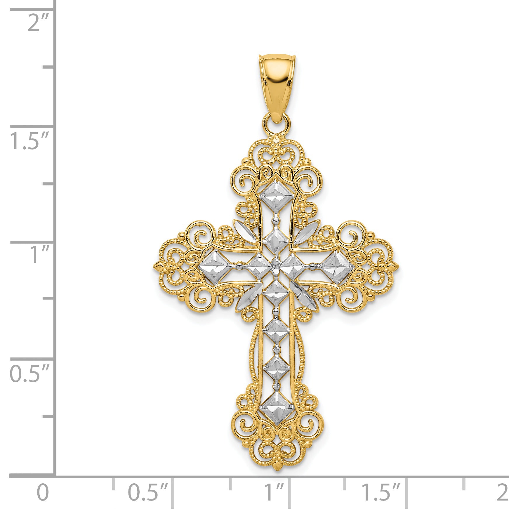 14K and White Rhodium Polished Textured Diamond-Pattern Cross Pendant K5458