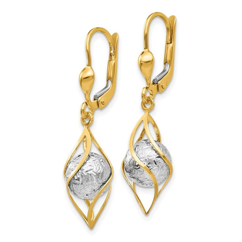 14K Two-tone Polished Diamond-cut Bead and Twist Dangle Leverback Earrings TH890