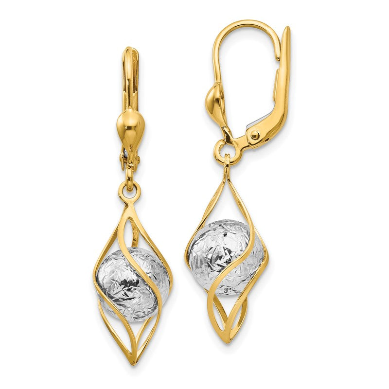 14K Two-tone Polished Diamond-cut Bead and Twist Dangle Leverback Earrings TH890