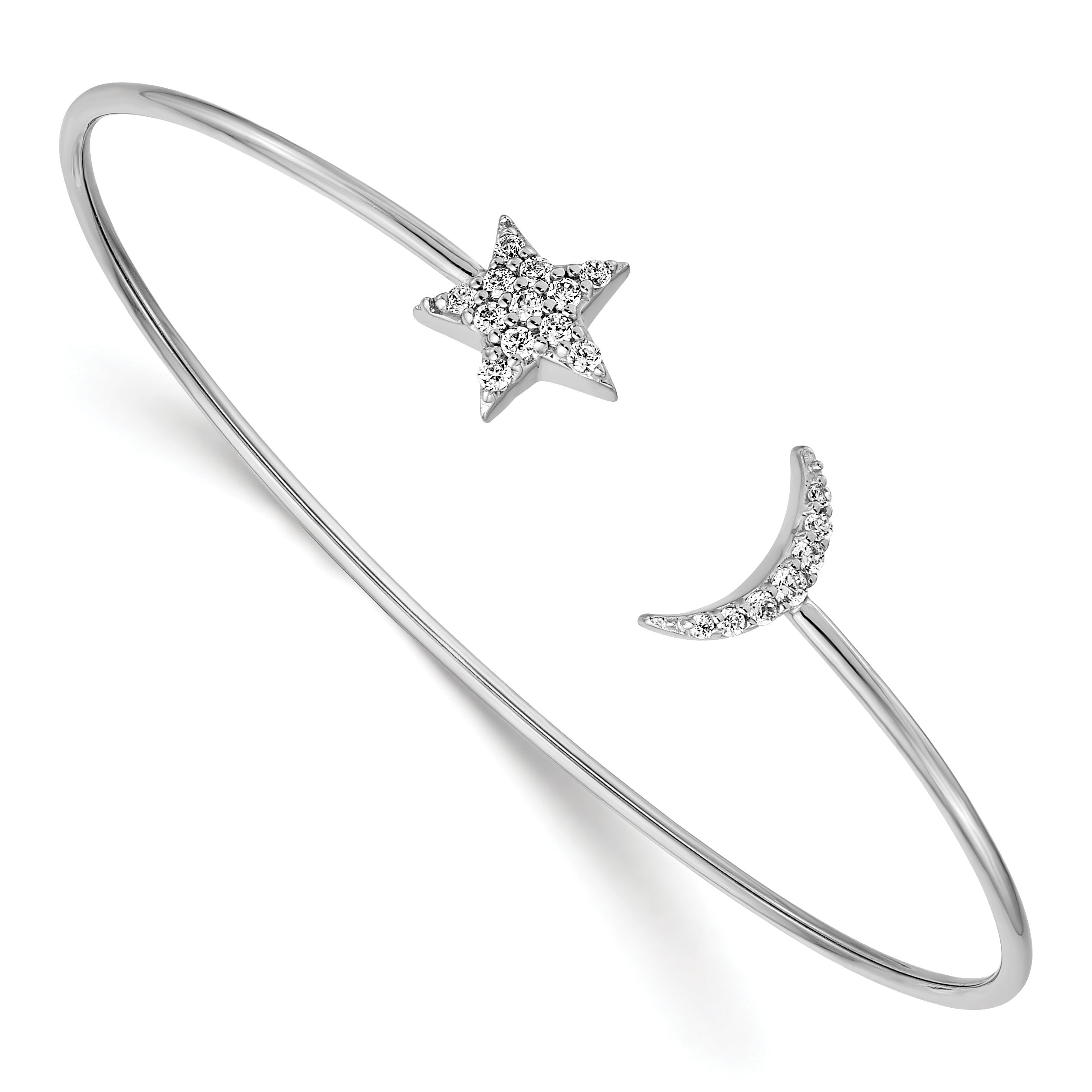 14k White Gold Complete 1/4 carat Diamond Moon and Star Flexible Cuff Bangle Bracelet BM3713