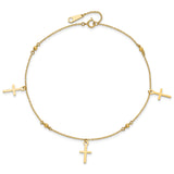 14k Diamond-cut 3 Cross Dangles and Beads 9 inch Plus 1 inch Extender - Total 10 inch Anklet ANK267