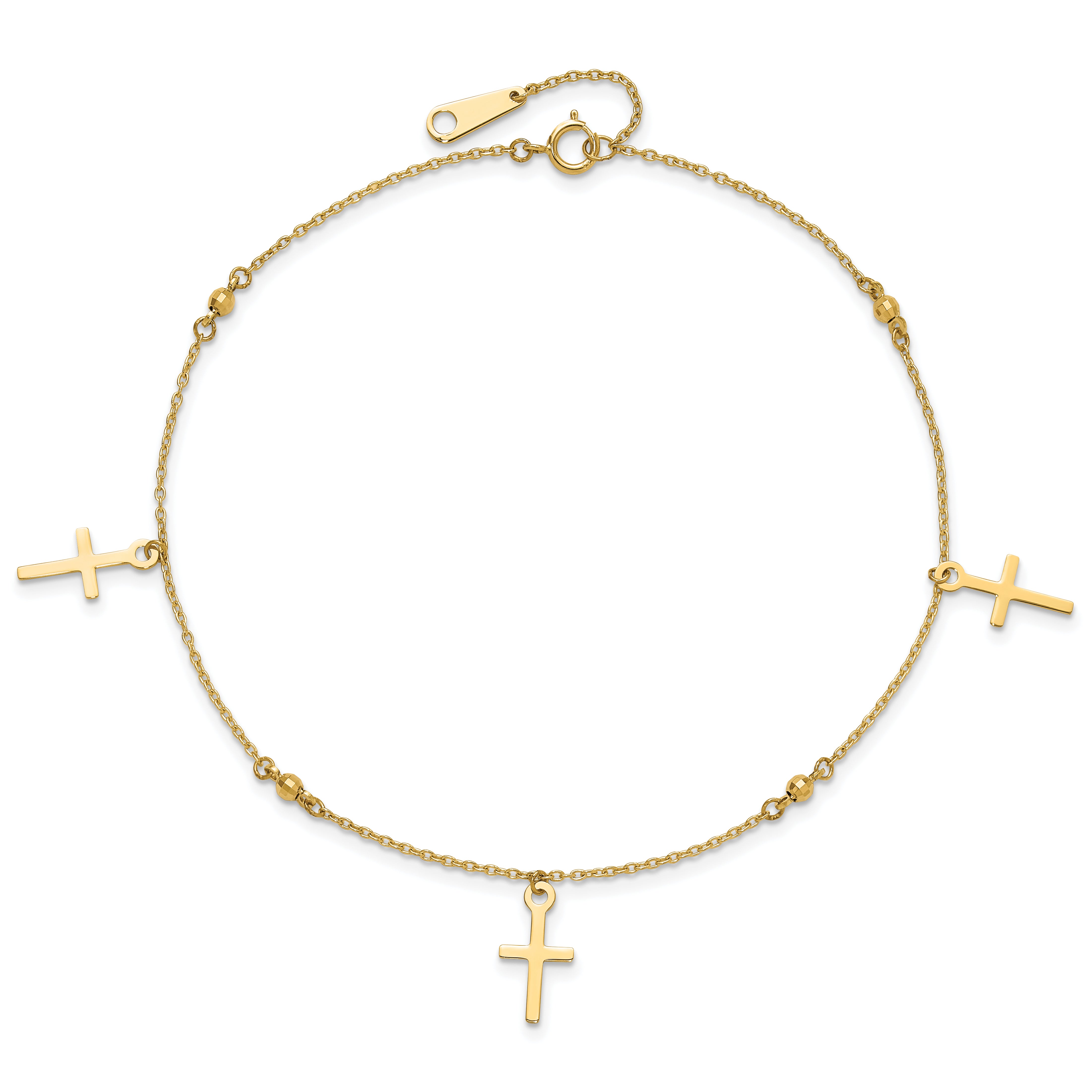 14k Diamond-cut 3 Cross Dangles and Beads 9 inch Plus 1 inch Extender - Total 10 inch Anklet ANK267
