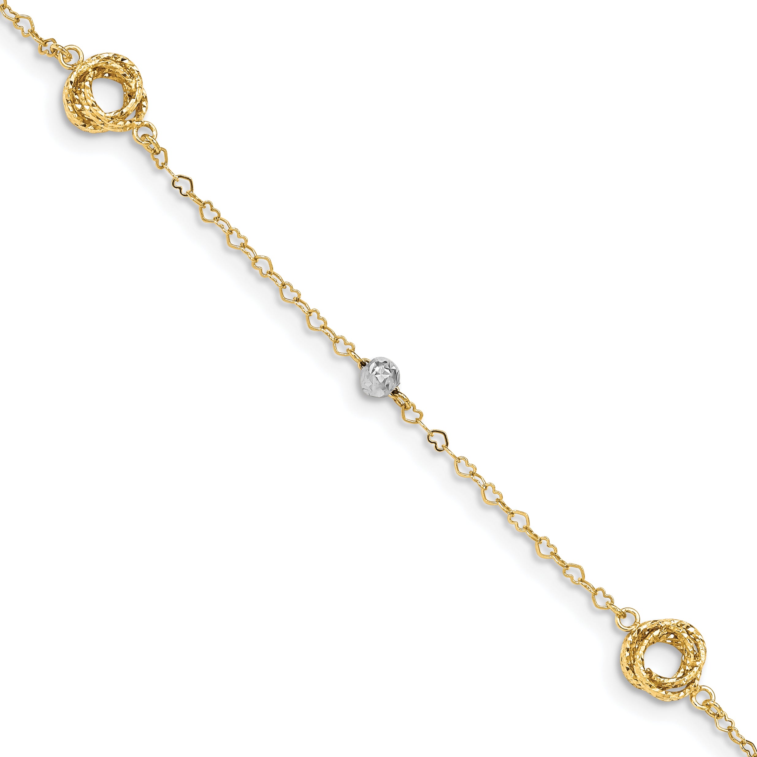 14k Two-tone Love Knots and Beads on Small Heart Link 7.5 inch Bracelet FB1466