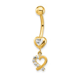 14k 14 Gauge CZ 2-Hearts Dangle Belly Ring BD134