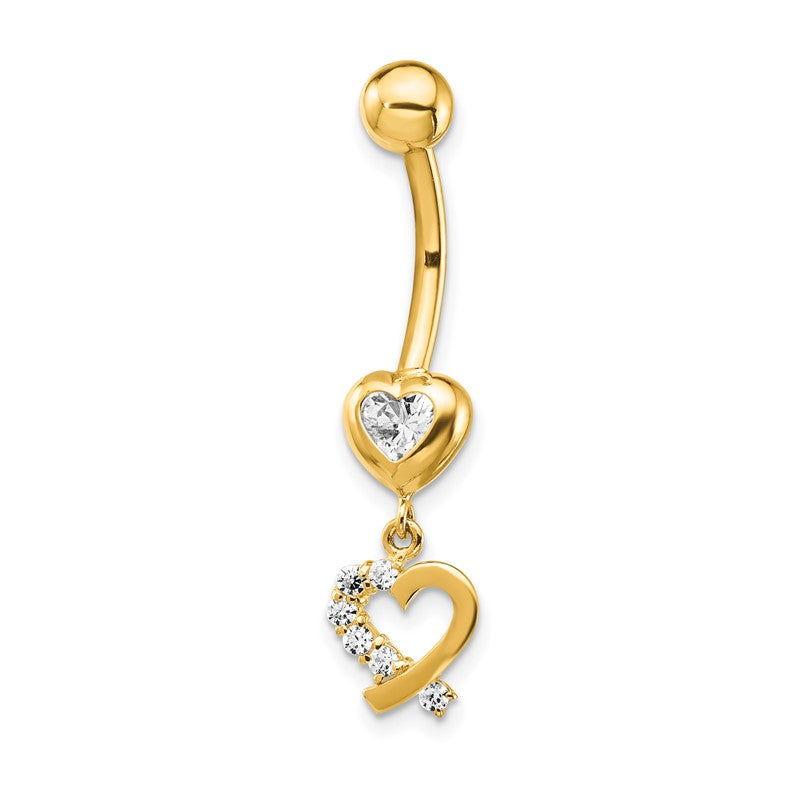 14k 14 Gauge CZ 2-Hearts Dangle Belly Ring BD134