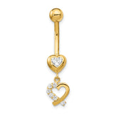 14k 14 Gauge CZ 2-Hearts Dangle Belly Ring BD134