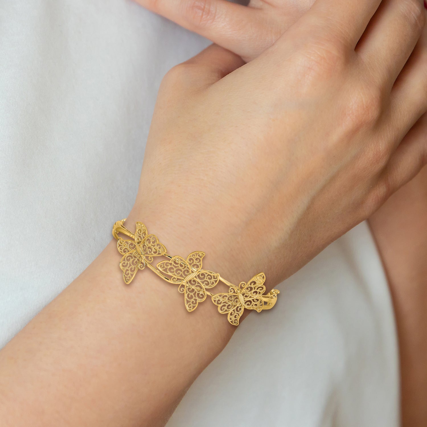 14K Polished Filigree Butterflies Hinged Oval Bangle Bracelet DB557