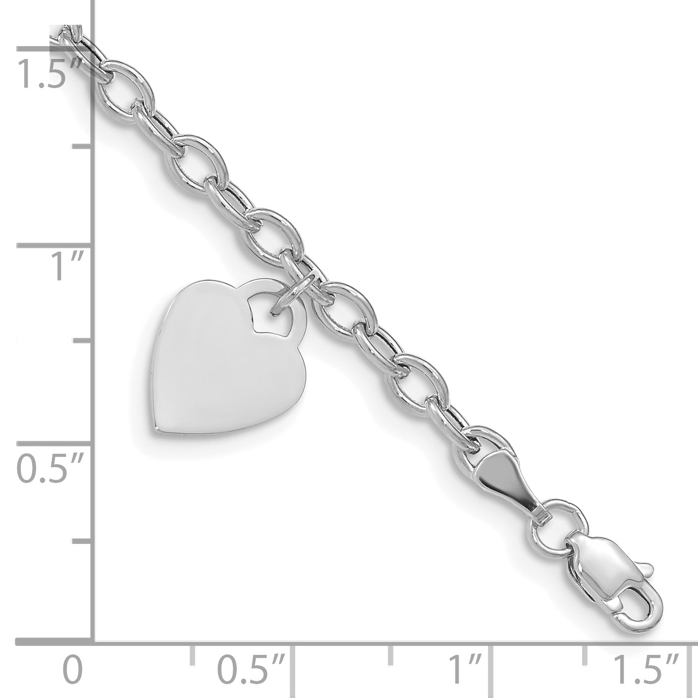 14k White Gold Engravable 14x10mm Solid Dangle Heart Charm and Hollow Chain 7.5 inch Bracelet SF1823
