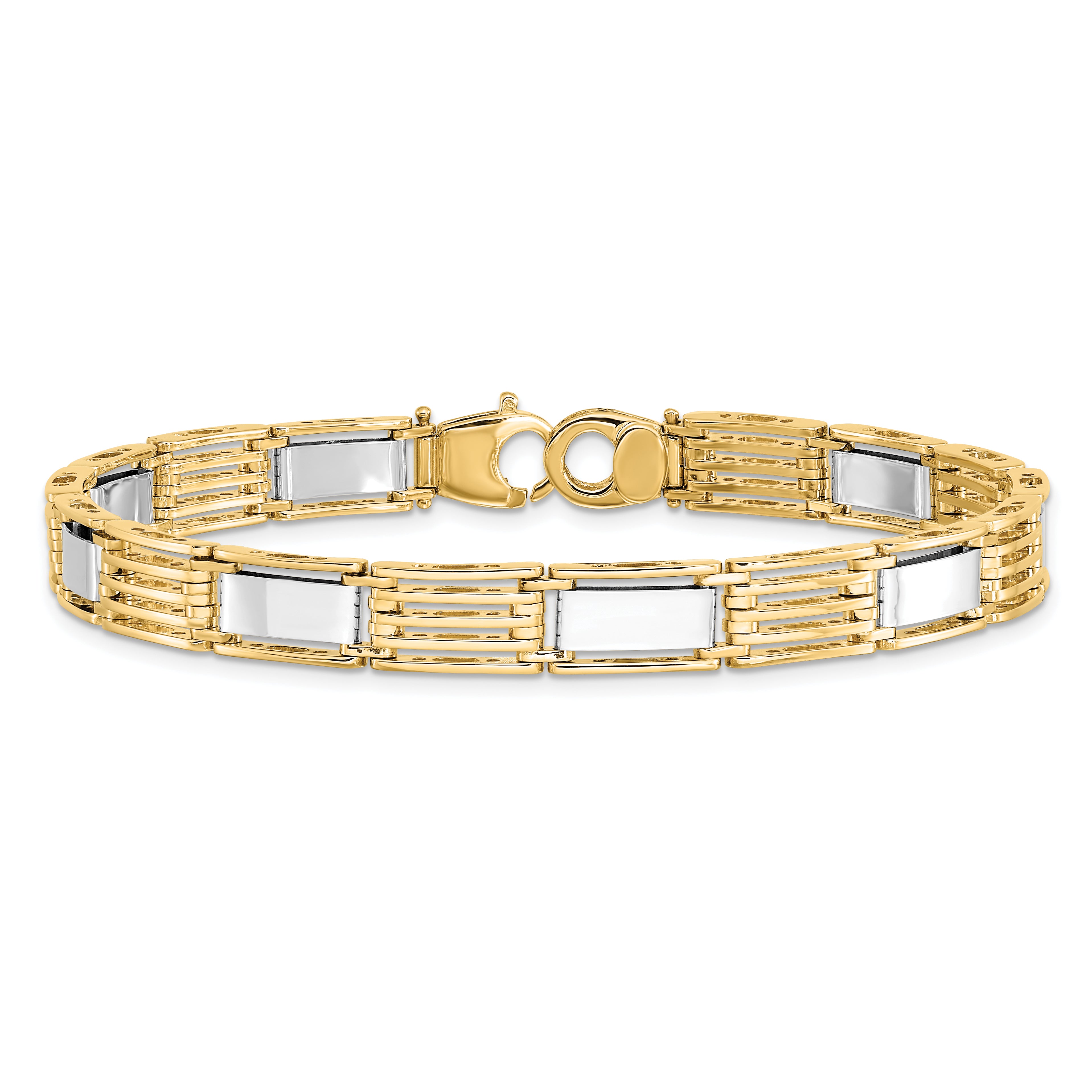 14k Two-tone High Polished 7.4mm Fancy Bar Link 8.5 inch Mens Bracelet GB246