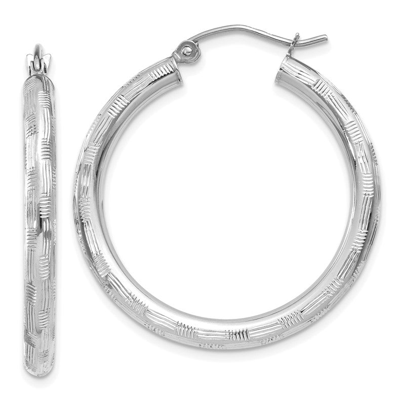 14k White Gold 3x30mm Diamond-cut Tube Hoop Earrings TF625