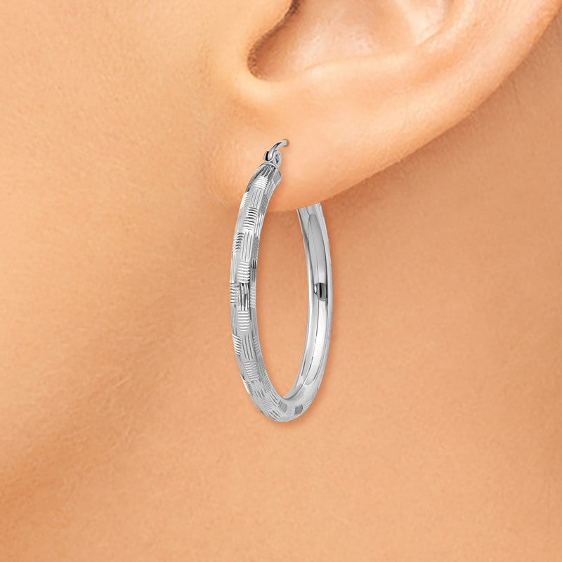 14k White Gold 3x30mm Diamond-cut Tube Hoop Earrings TF625
