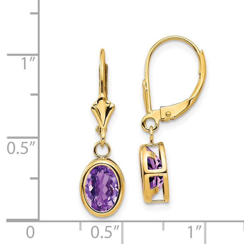 14k 8x6mm Oval Amethyst Bezel Leverback Dangle Earrings XLB107AM