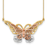 14k Yellow and Rose Gold with White Rhodium Large Filigree Butterfly 17 inch Necklace SF2042