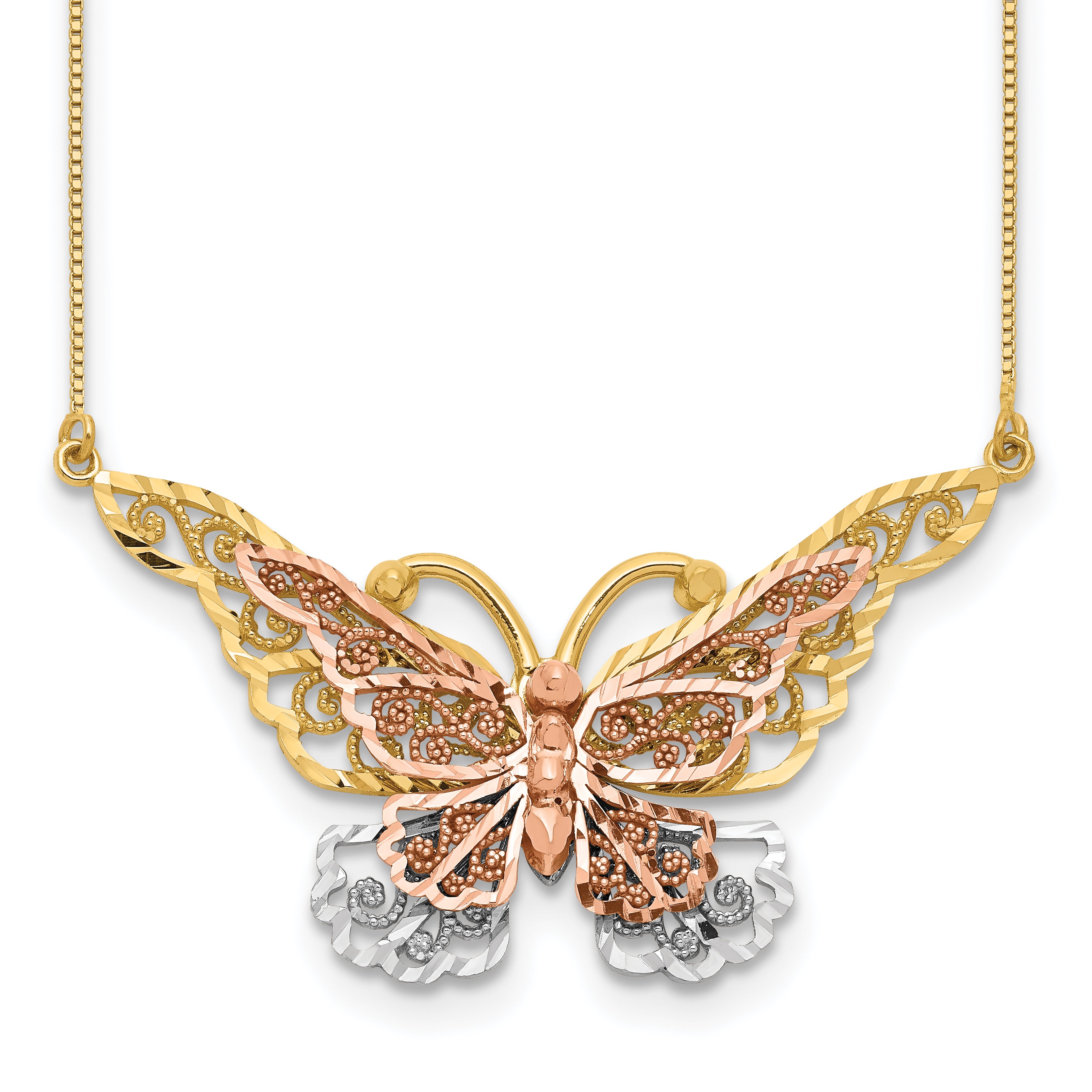 14k Yellow and Rose Gold with White Rhodium Large Filigree Butterfly 17 inch Necklace SF2042
