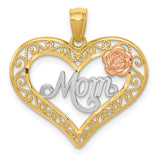 14k Two-tone with White Rhodium Diamond-cut MOM in Heart with Rose Pendant K5896