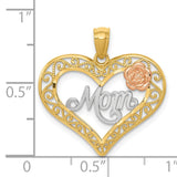 14k Two-tone with White Rhodium Diamond-cut MOM in Heart with Rose Pendant K5896