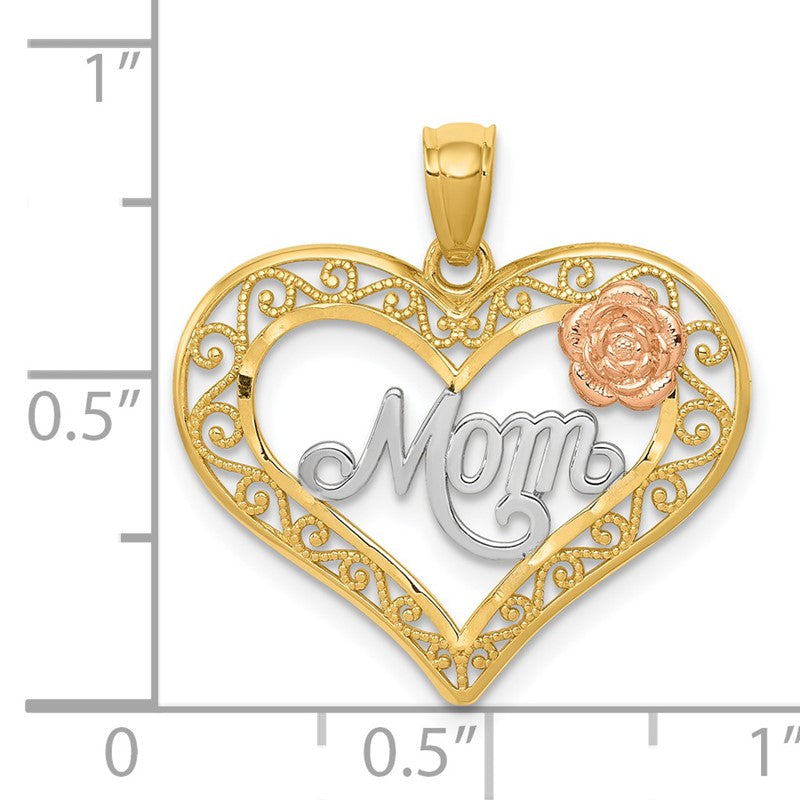 14k Two-tone with White Rhodium Diamond-cut MOM in Heart with Rose Pendant K5896