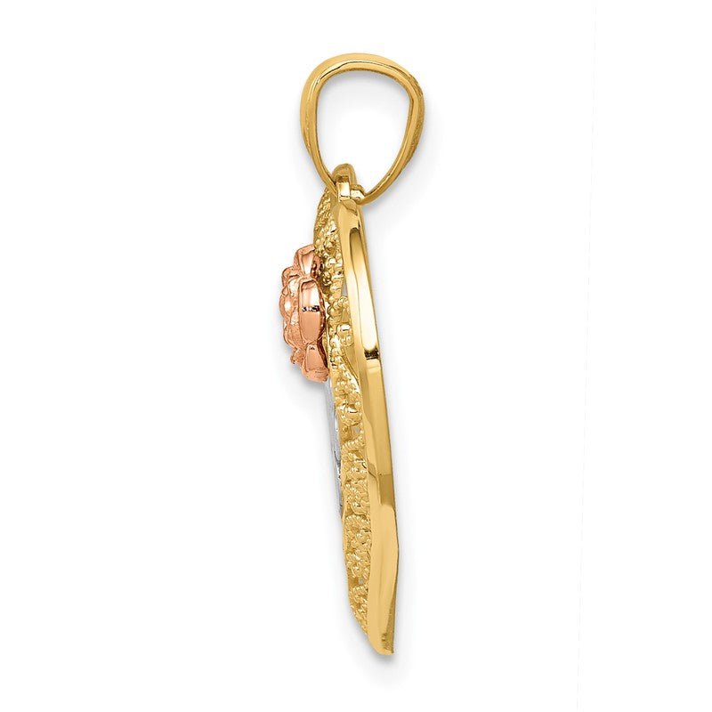14k Two-tone with White Rhodium Diamond-cut MOM in Heart with Rose Pendant K5896