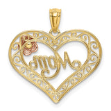 14k Two-tone with White Rhodium Diamond-cut MOM in Heart with Rose Pendant K5896