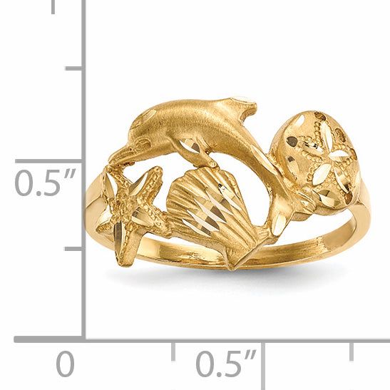 14k Polished and Satin Diamond-cut Dolphin/Starfish/Shell/Sand Dollar Ring R597