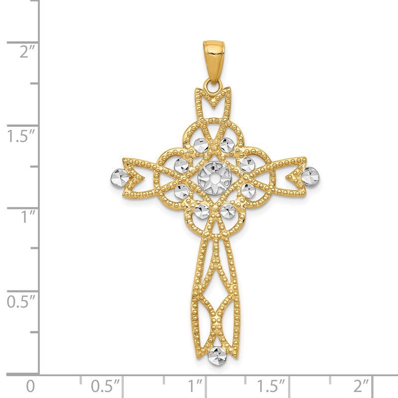 14K and White Rhodium Diamond-cut Beaded Trim Cross Pendant C4309