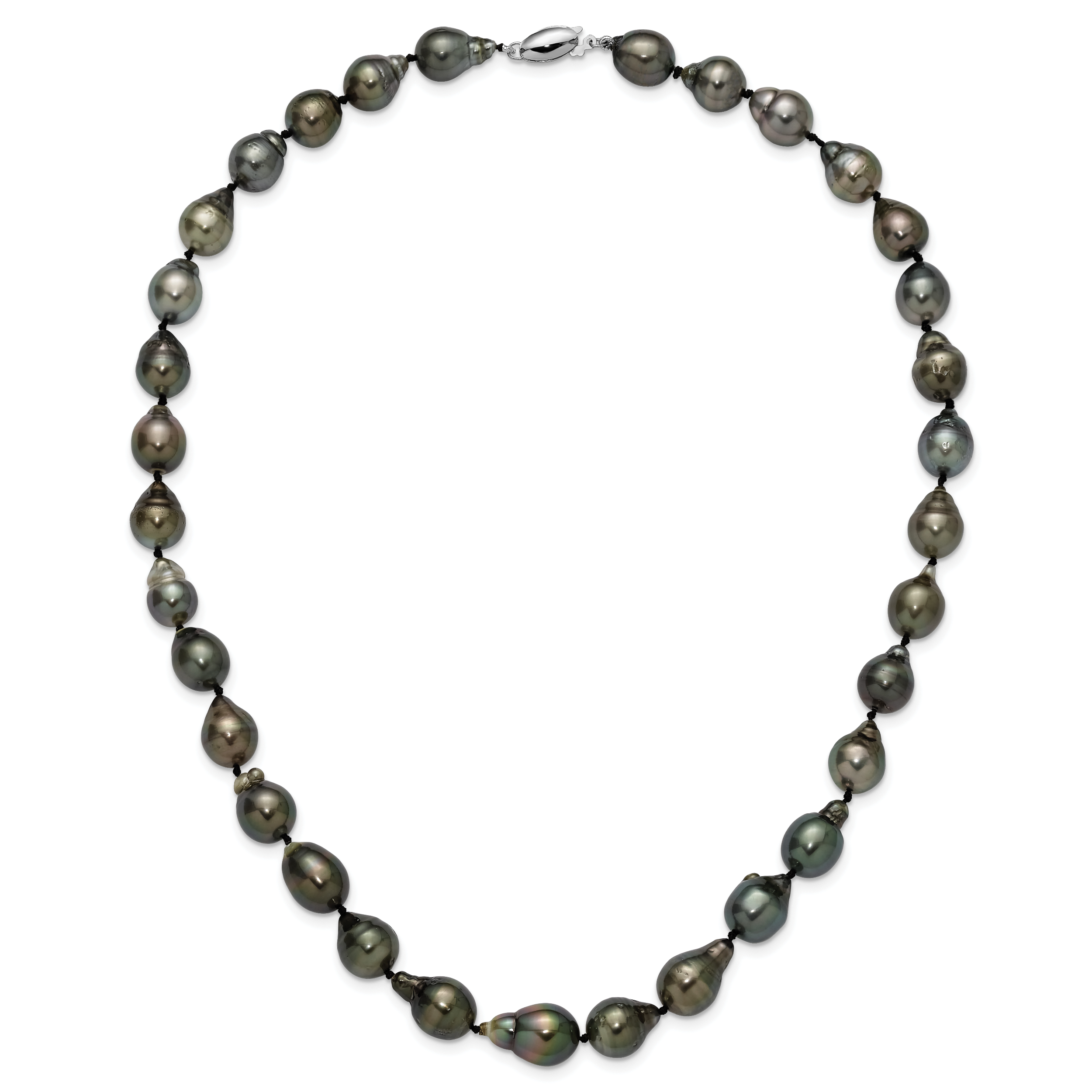 14k White Gold 8-11mm Black Baroque Tahitian Saltwater Cultured Pearl Graduated 18 inch Necklace XF423