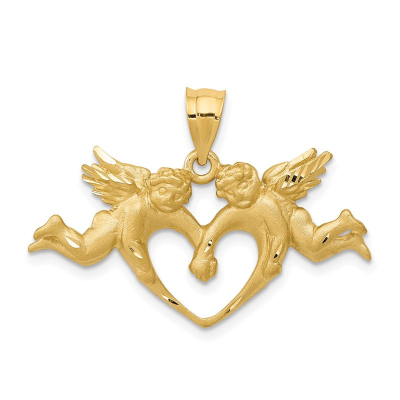 14k Satin Diamond-cut Angels with Heart Pendant C72
