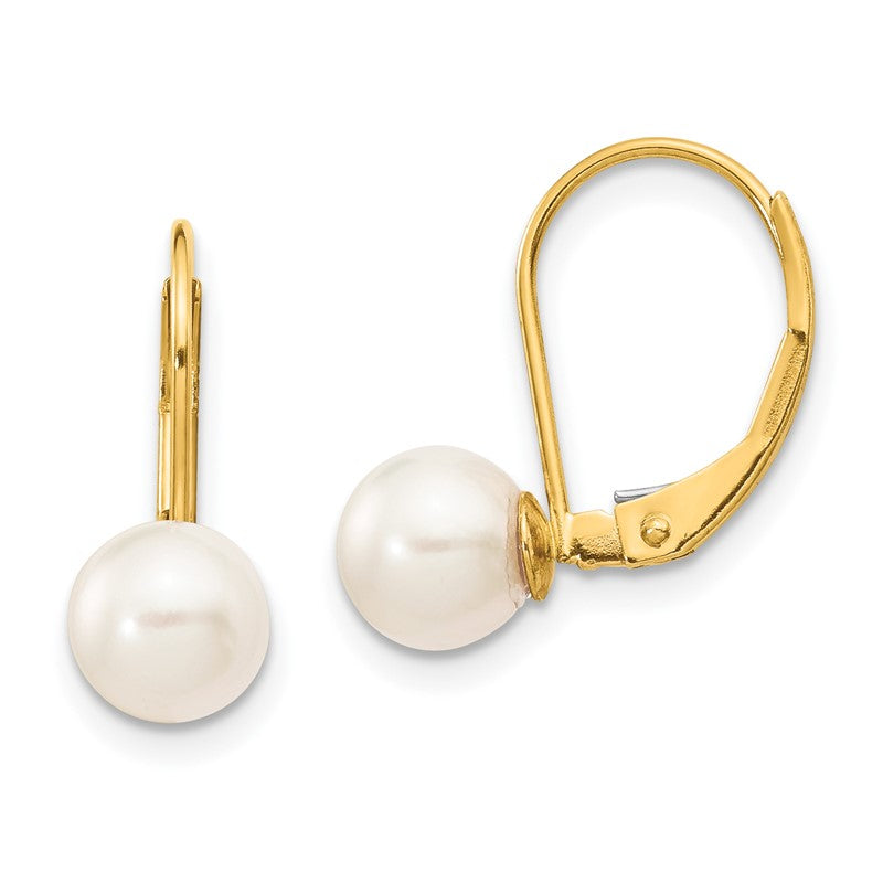 14k 6-7mm White Round Akoya Saltwater Cultured Pearl Leverback Earrings XF480E