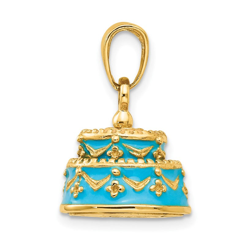 14K 3-D Aqua Blue Enameled HAPPY BIRTHDAY Cake Pendant K4057