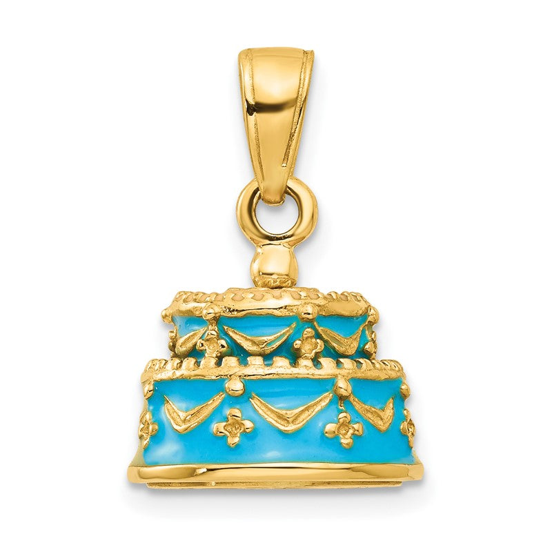 14K 3-D Aqua Blue Enameled HAPPY BIRTHDAY Cake Pendant K4057