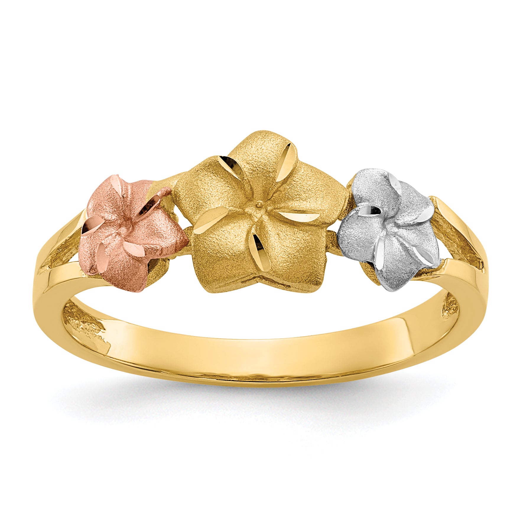 14k Tri-color Three Plumeria Flowers Ring D1889