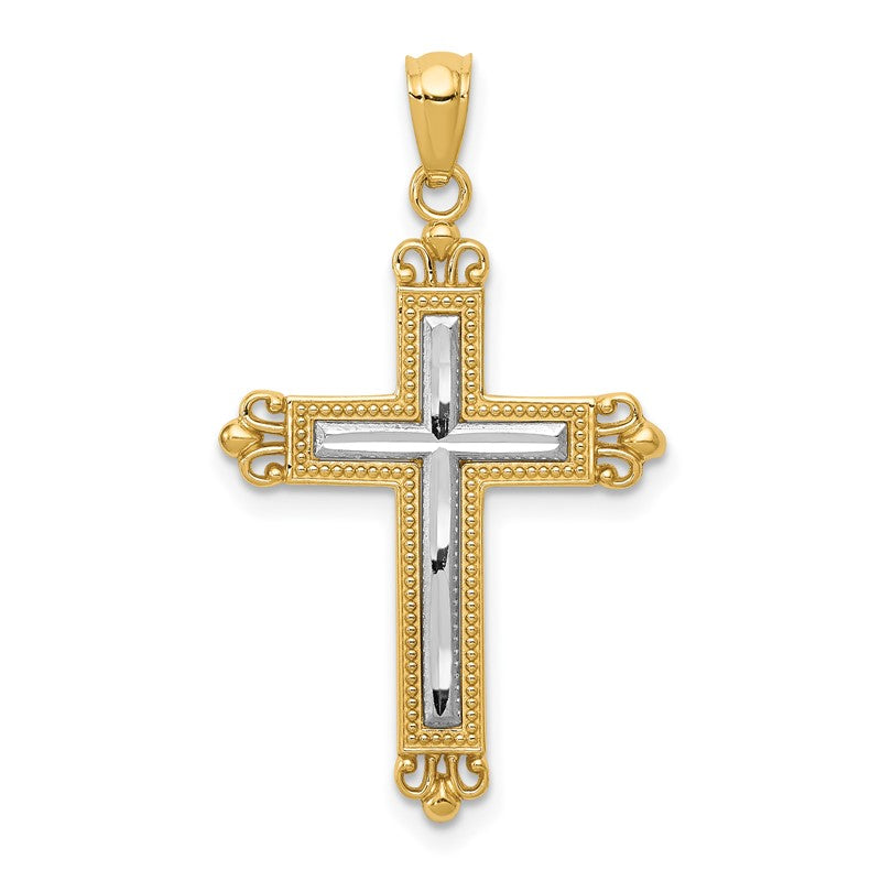 14K with White Rhodium Diamond Cut Cross Pendant D4414