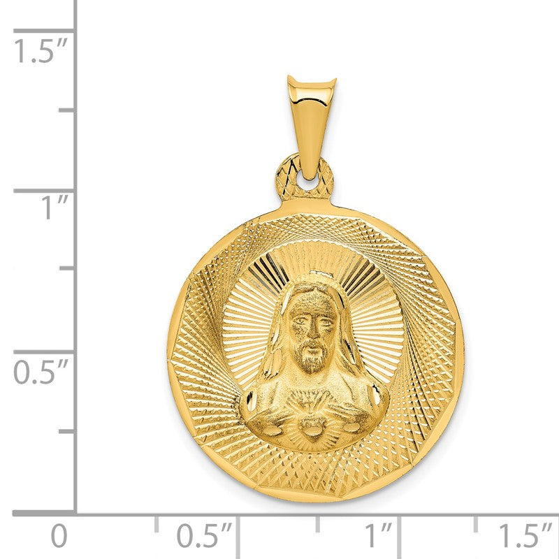 14K Polished Diamond-cut Large Solid Sagrado Corazon de Jesus Round Pendant K5597