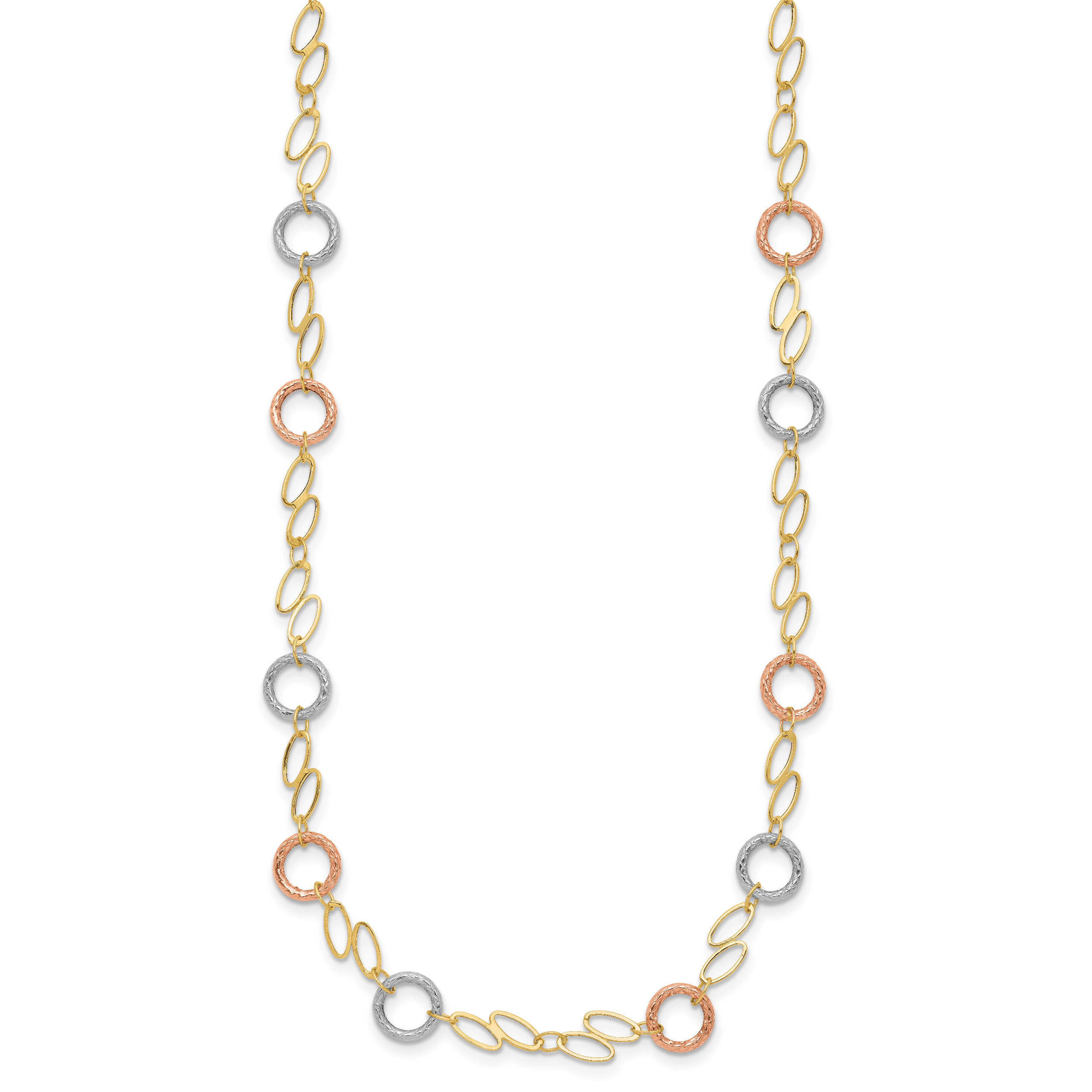 14k Tri-color Polished and Textured Round Circles and Ovals 18 inch Necklace SF1840
