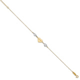 14K Two-tone Puffed LOVE Heart and Diamond-cut Beads 7 inch Bracelet Plus 1 inch Heart Dangle Extender ANK276