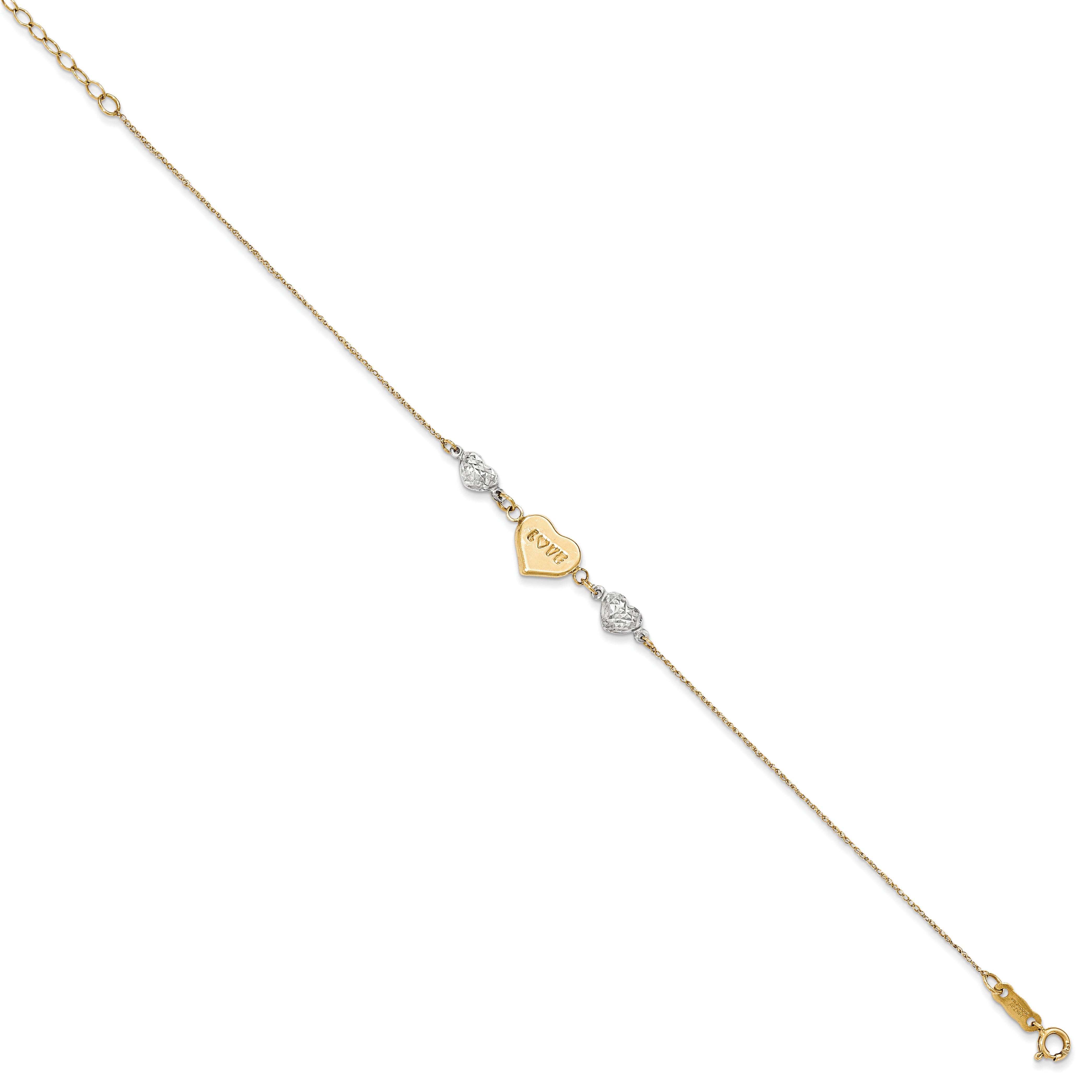14K Two-tone Puffed LOVE Heart and Diamond-cut Beads 7 inch Bracelet Plus 1 inch Heart Dangle Extender ANK276