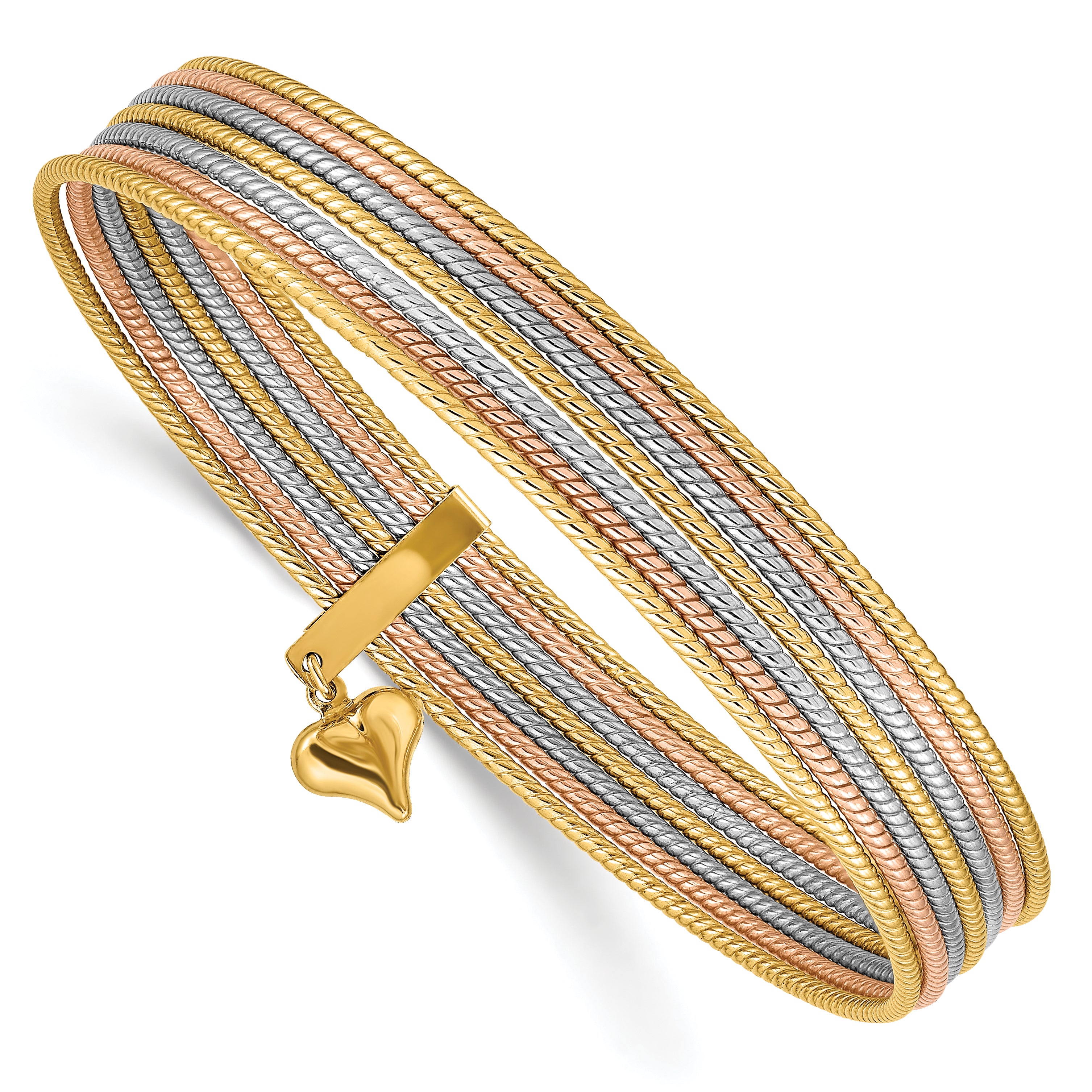 14K Tri-color Polished and Textured with Dangle Heart 7-Strand 11.00mm Slip-on Round Bangle Bracelet DB533