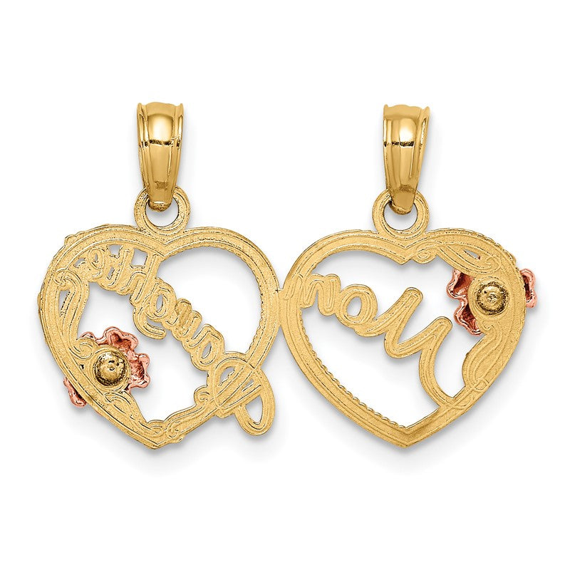 14k Two-tone with Flowers MOM - DAUGHTER 2-Piece Break-apart Hearts Pendant K1714