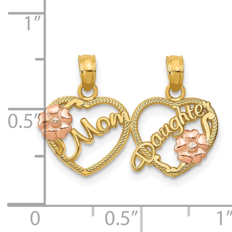 14k Two-tone with Flowers MOM - DAUGHTER 2-Piece Break-apart Hearts Pendant K1714
