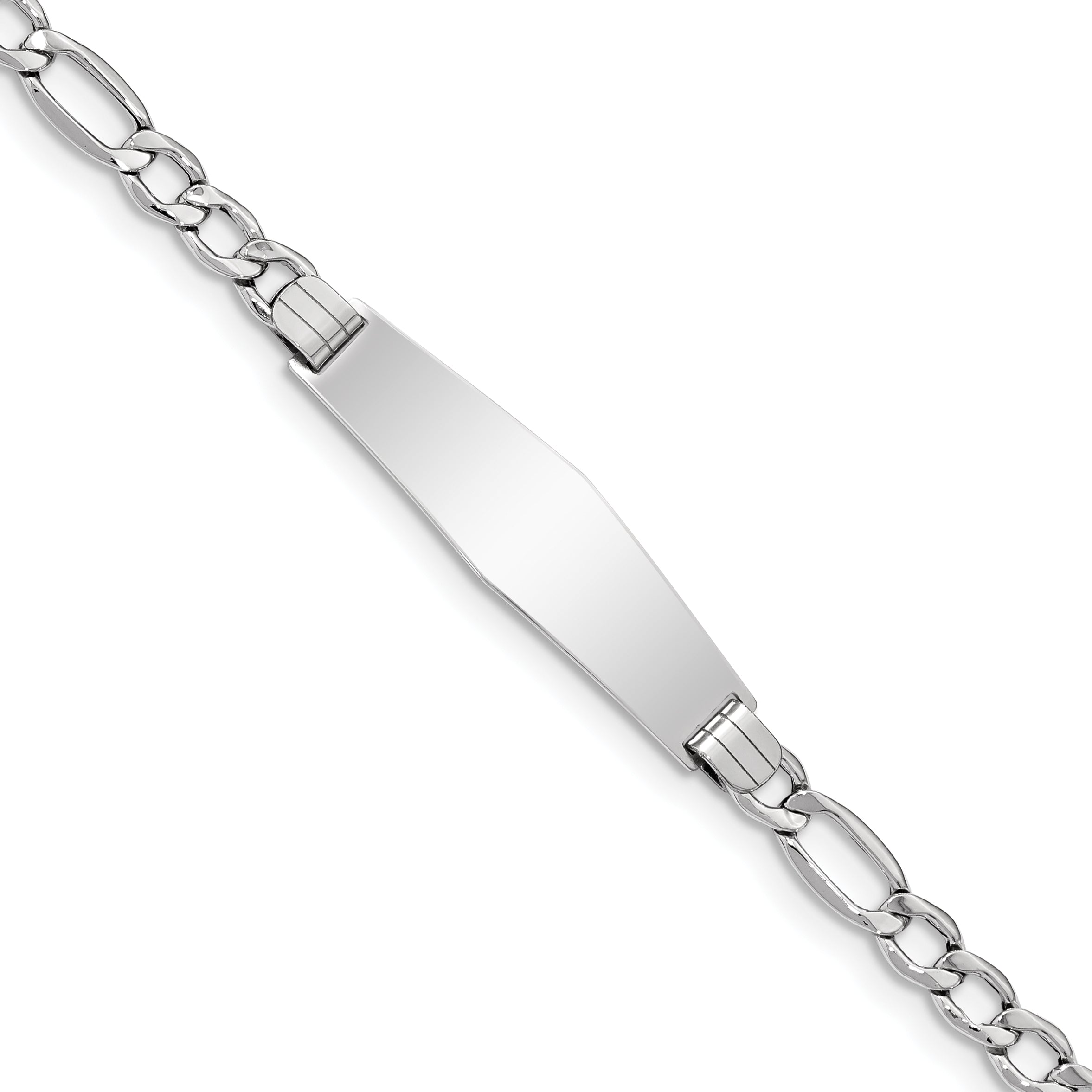 14K White Gold Polished Semi-Solid Chain/Solid Plate Figaro Link Soft Diamond Shape 34x10mm Plate 7 inch ID Bracelet DCID135CW