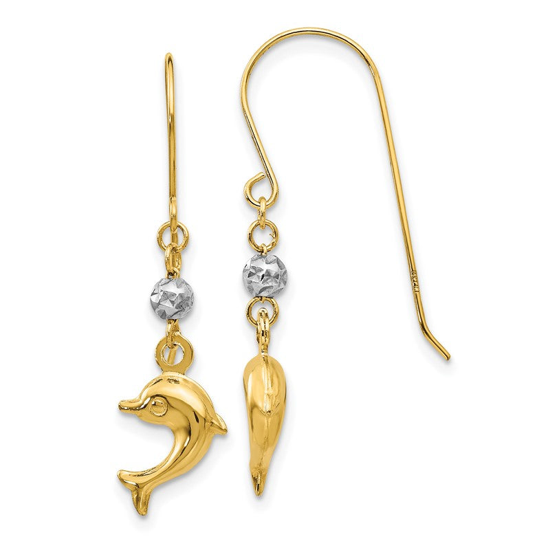 14K Two-tone Puffed Dolphin French Hook Earrings H1133