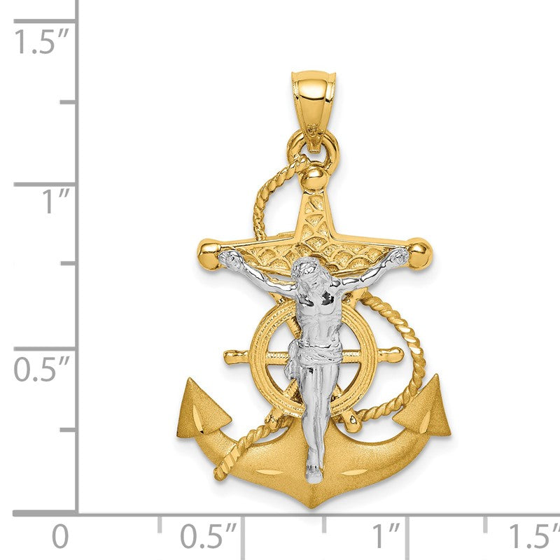 14K Two-tone Polished and Satin Diamond-cut Mariner Crucifix Pendant D4668