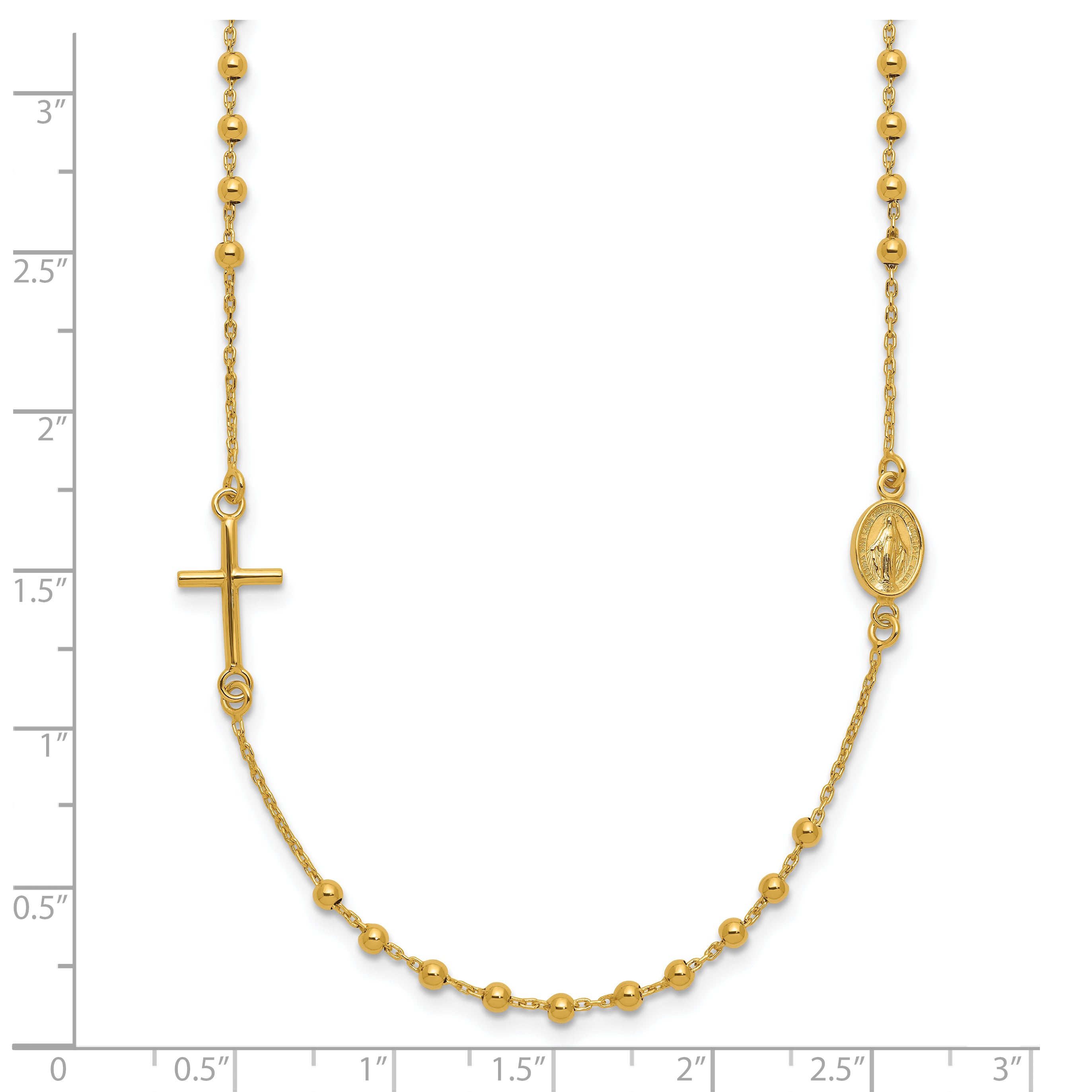 14k Polished Cross and Miraculous Medal Beaded Rosary Design 16 inch Necklace SF2504